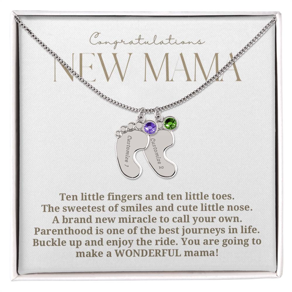 Elegant modern minimalist New Mom Baby feet necklace with birthstone