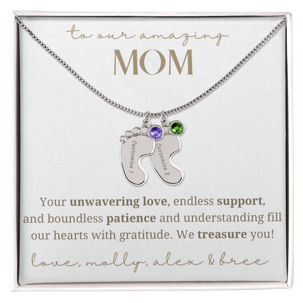 To Our Mom Baby Foot Birthstone Necklace