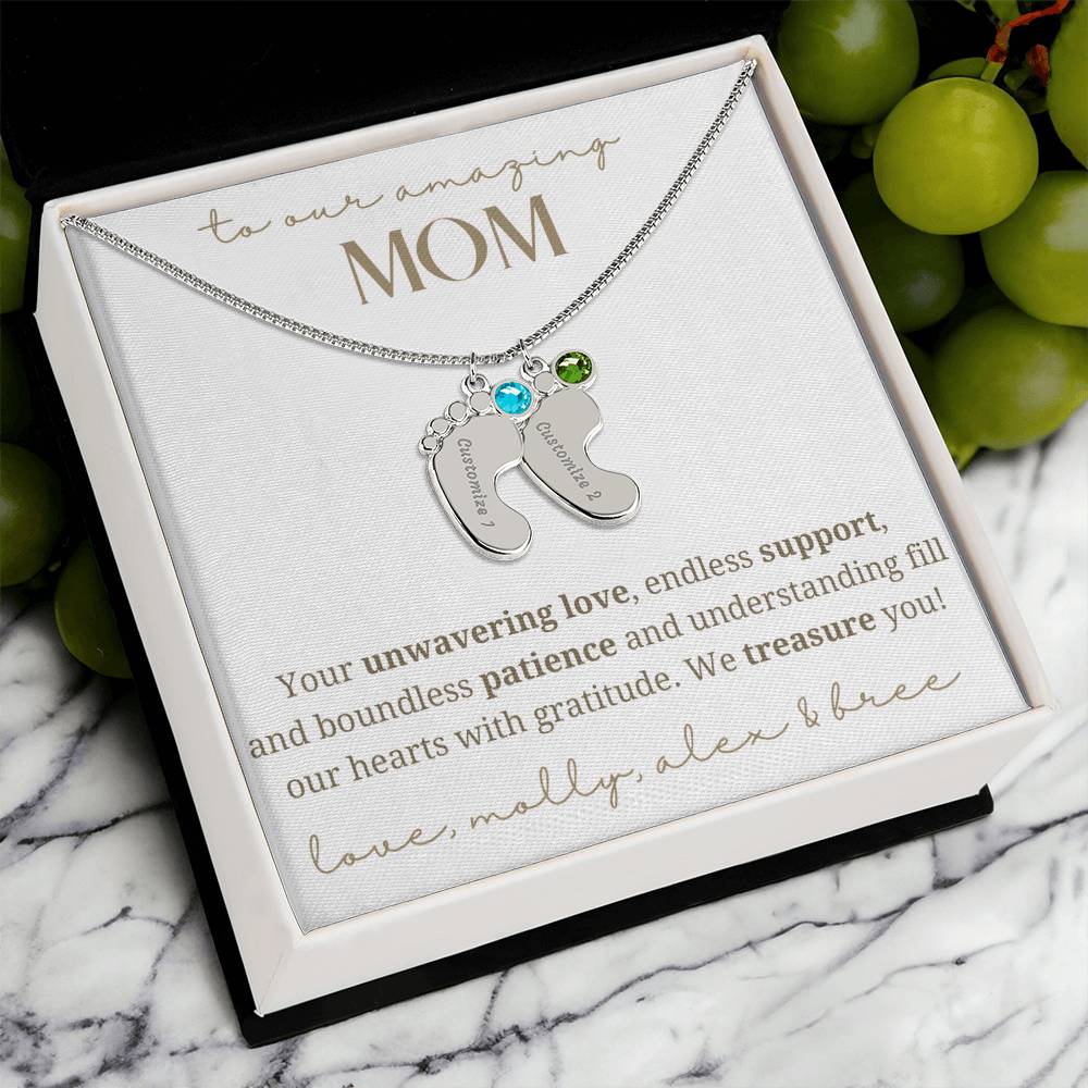 To Our Mom Baby Foot Birthstone Necklace