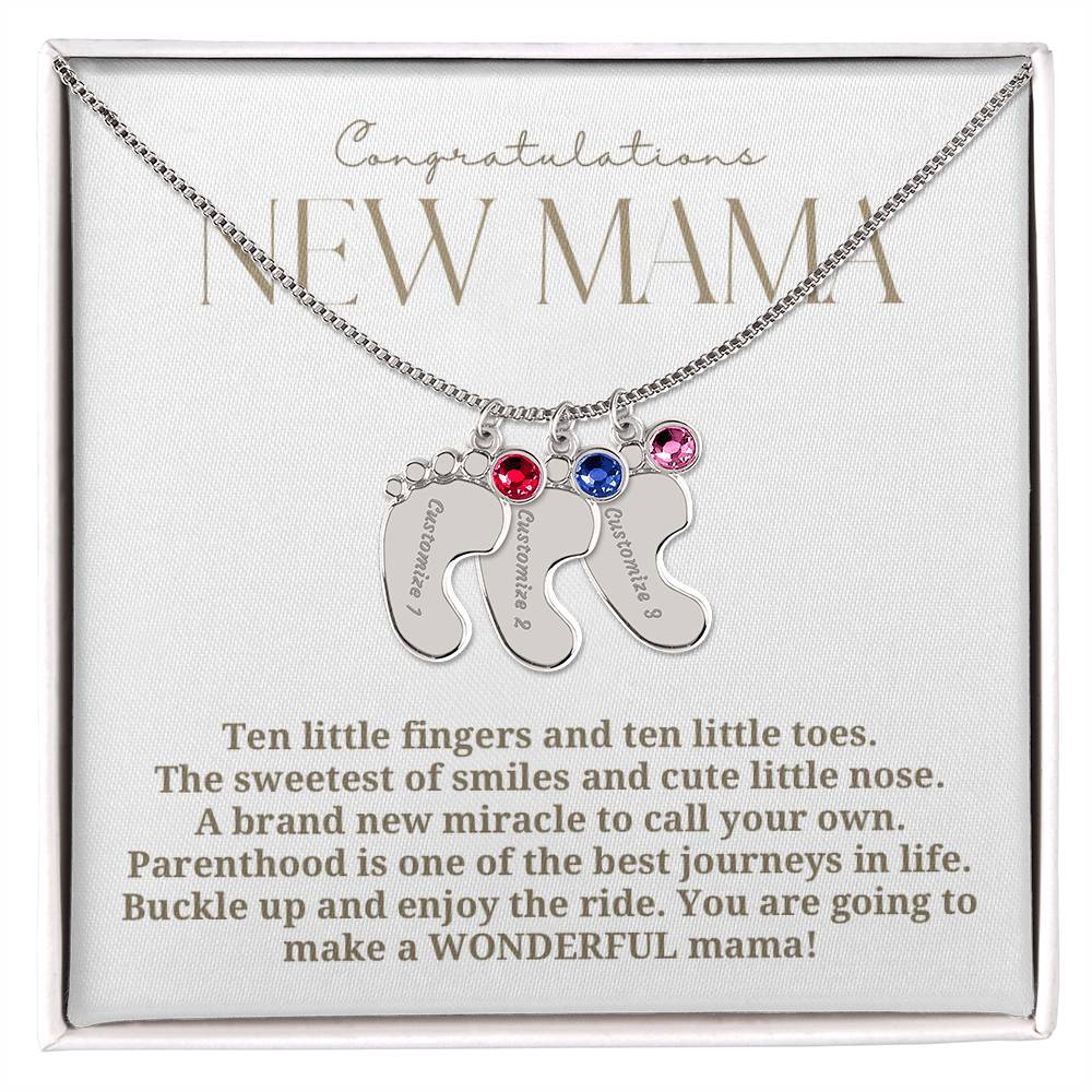 Elegant modern minimalist New Mom Baby feet necklace with birthstone