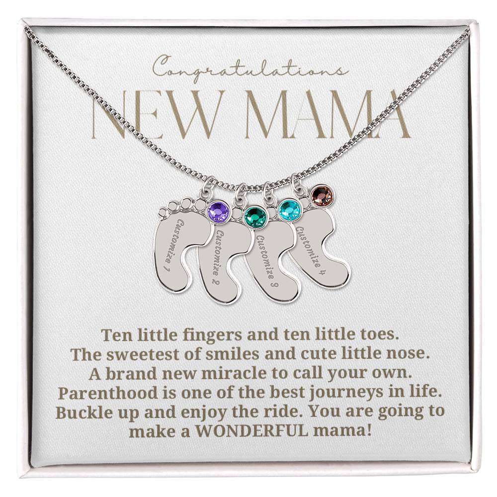 Elegant modern minimalist New Mom Baby feet necklace with birthstone
