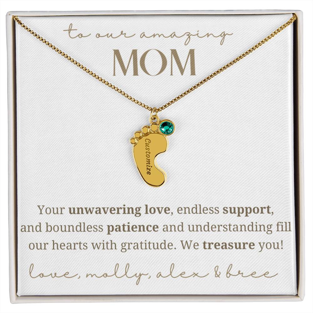 To Our Mom Baby Foot Birthstone Necklace