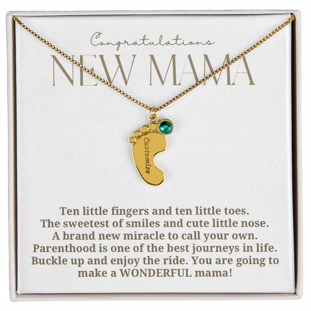 Elegant modern minimalist New Mom Baby feet necklace with birthstone