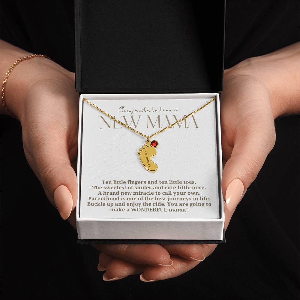 Elegant modern minimalist New Mom Baby feet necklace with birthstone