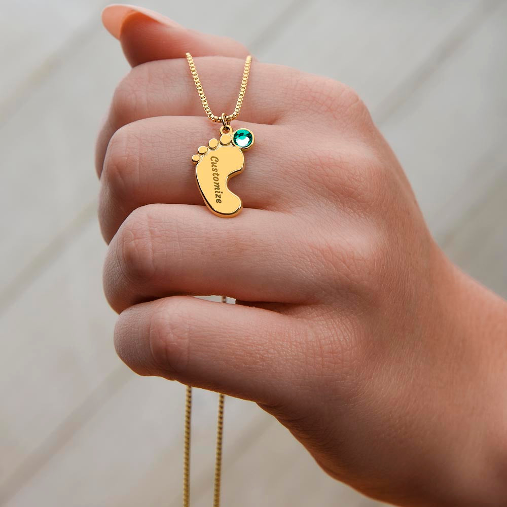 Mama to be new baby gift with engraved birthstone foot pendamt