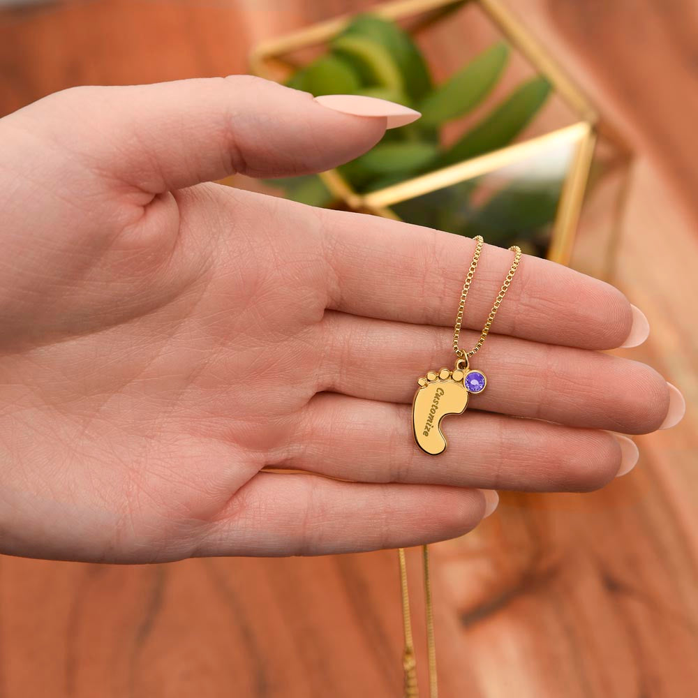 Mama to be new baby gift with engraved birthstone foot pendamt
