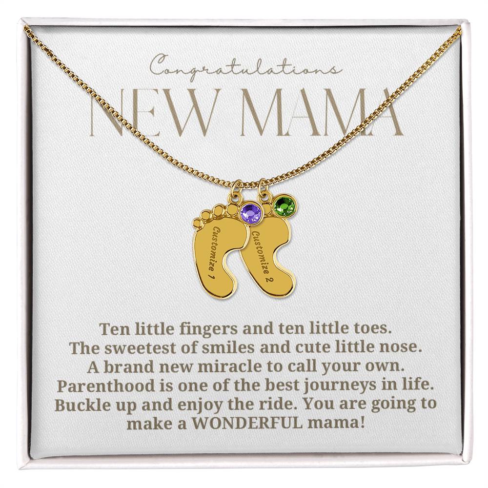 Elegant modern minimalist New Mom Baby feet necklace with birthstone