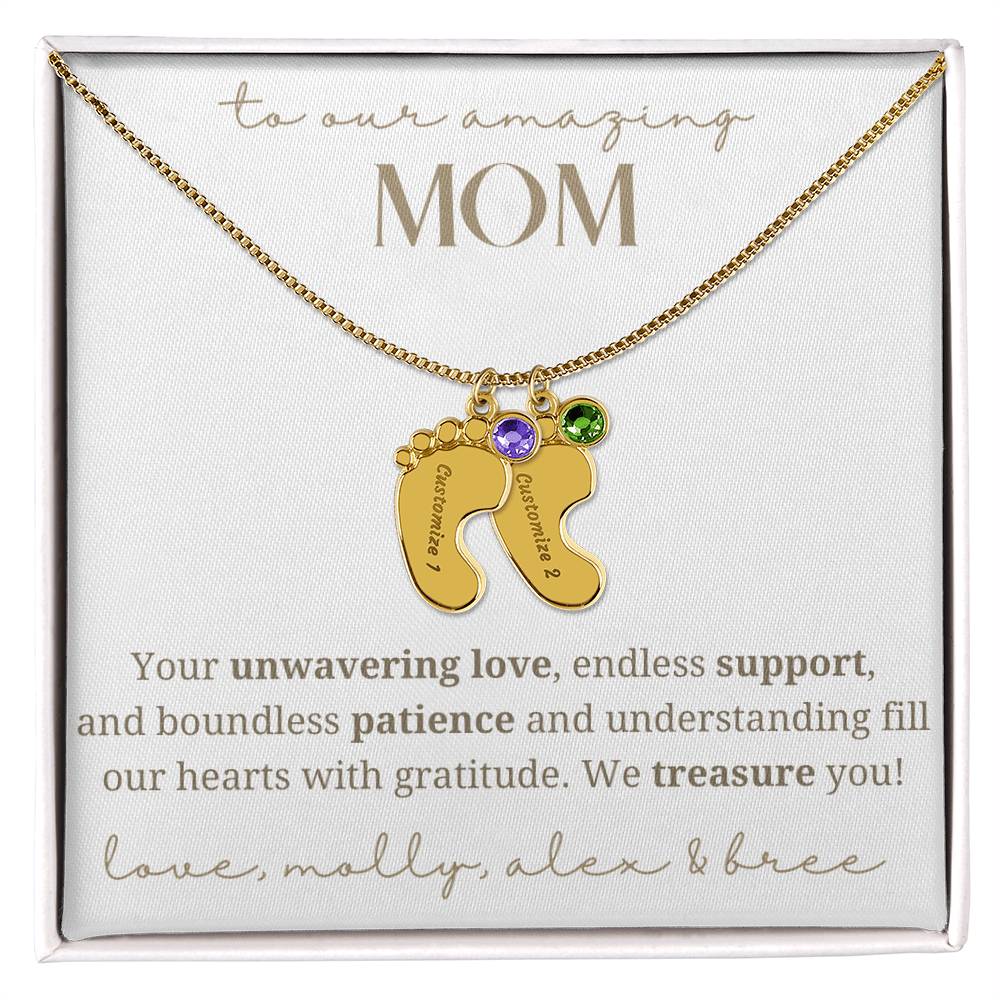To Our Mom Baby Foot Birthstone Necklace
