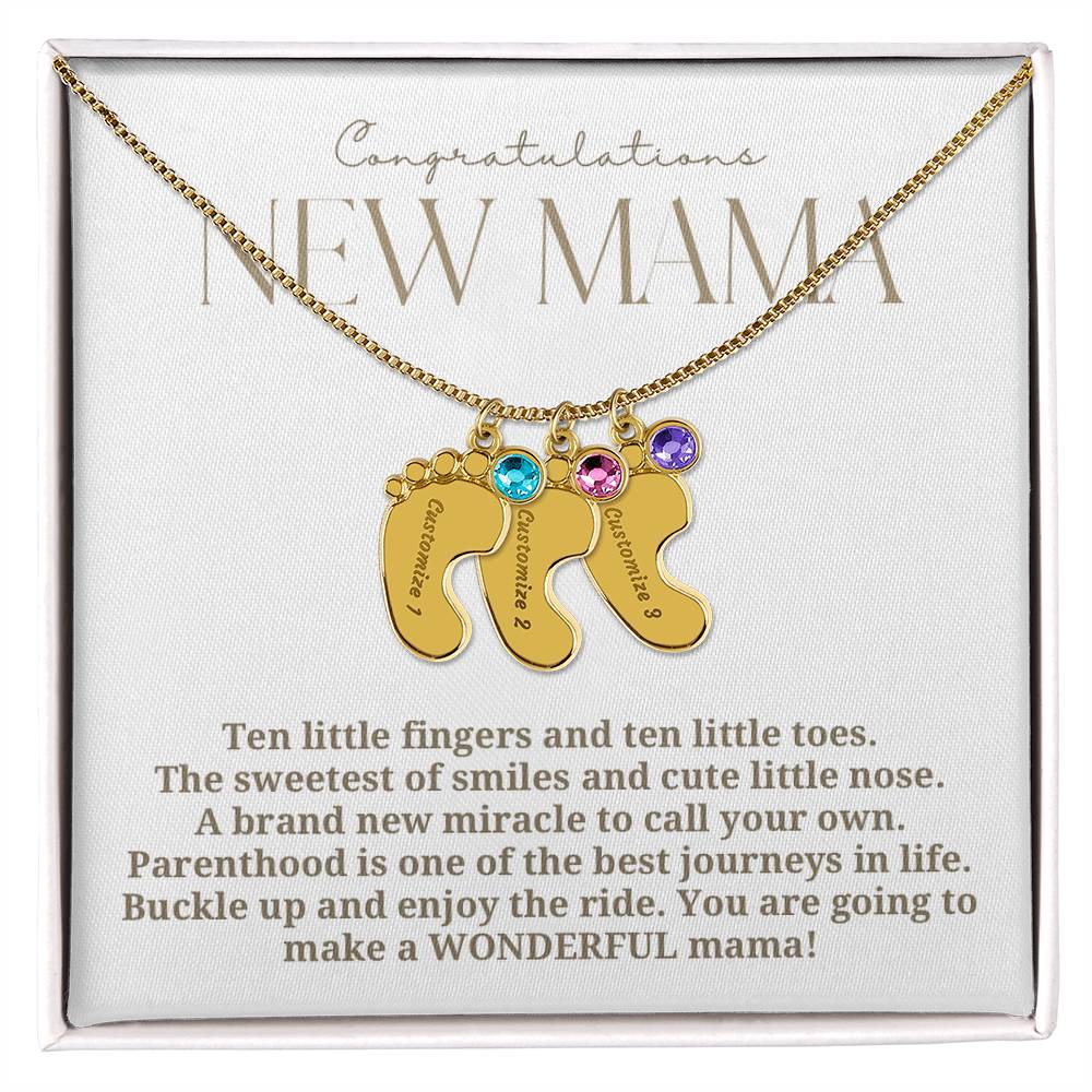 Elegant modern minimalist New Mom Baby feet necklace with birthstone