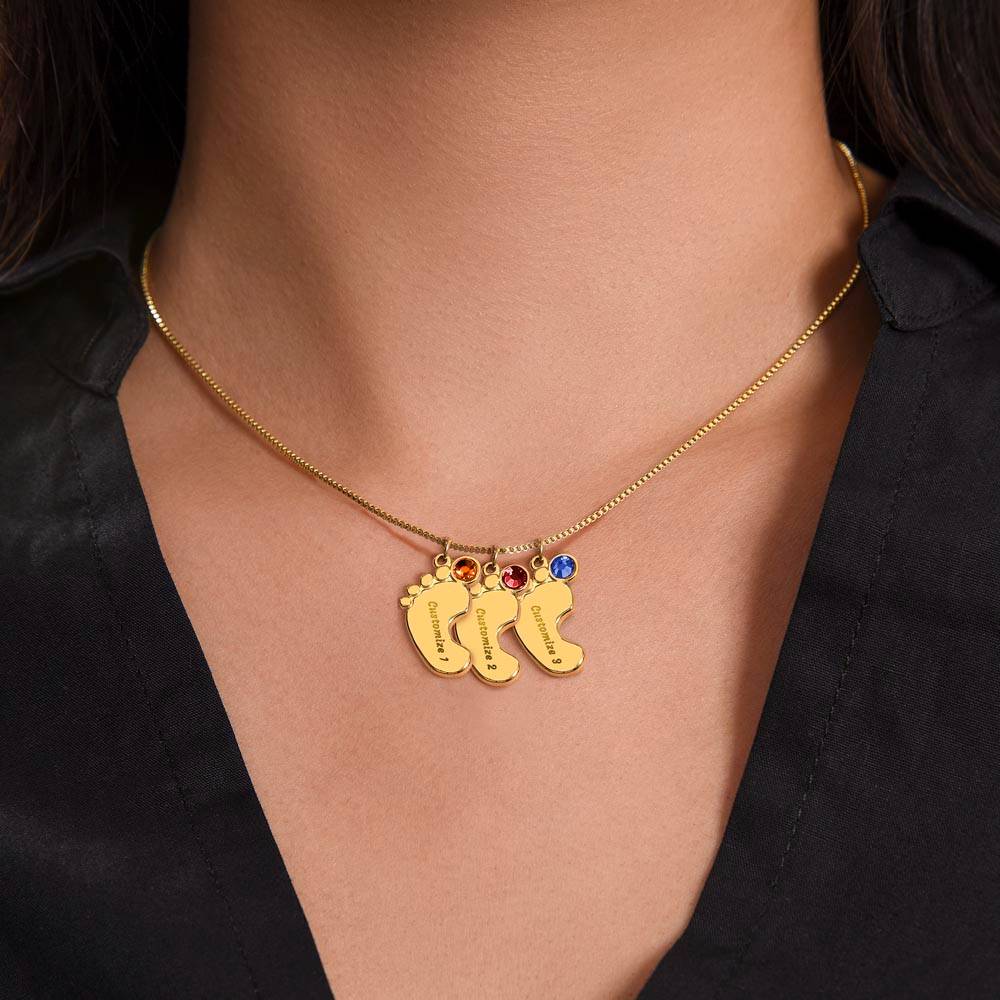 Elegant modern minimalist New Mom Baby feet necklace with birthstone
