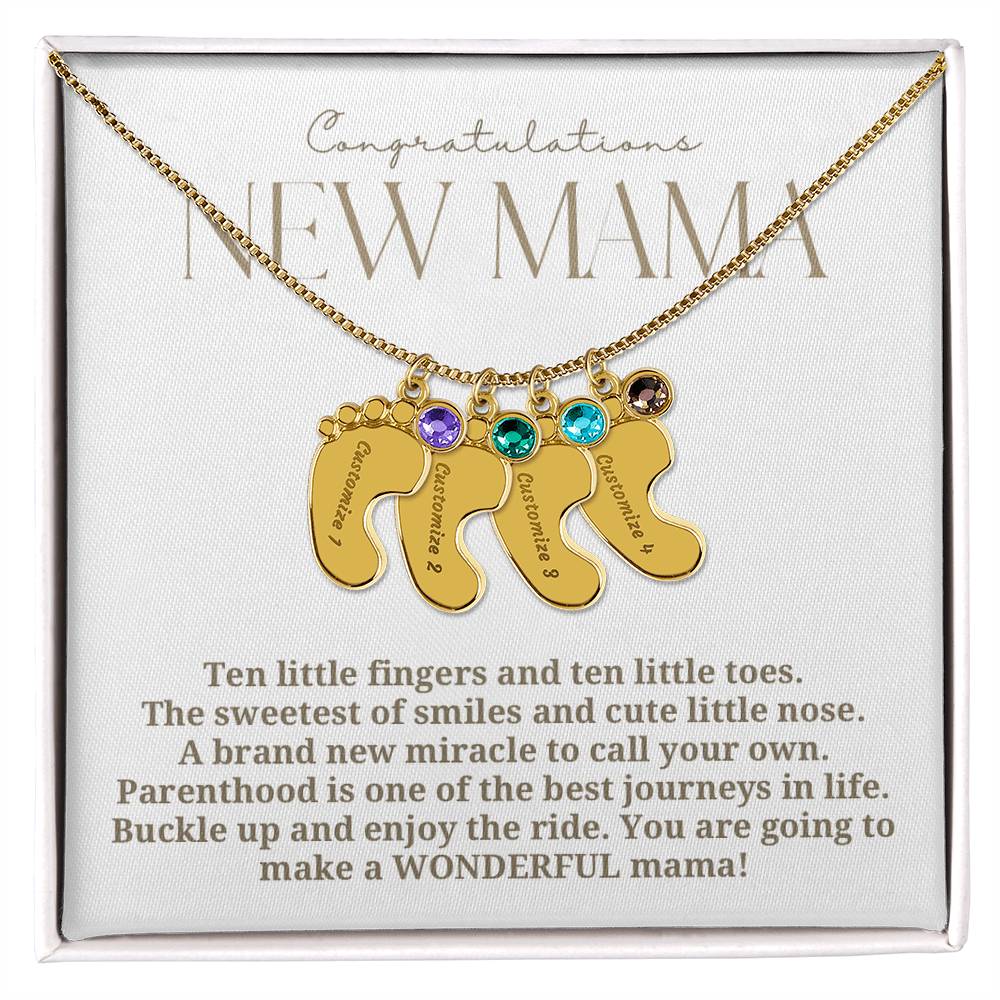 Elegant modern minimalist New Mom Baby feet necklace with birthstone