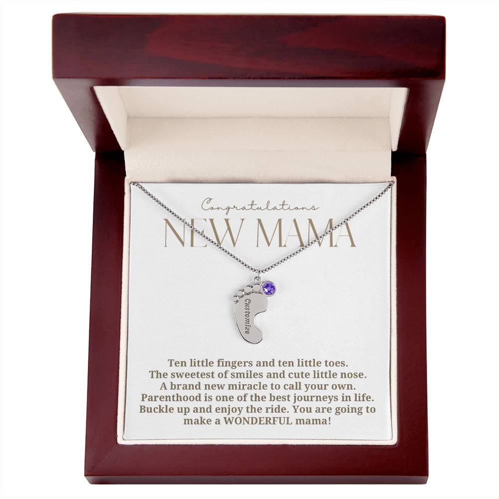 Elegant modern minimalist New Mom Baby feet necklace with birthstone
