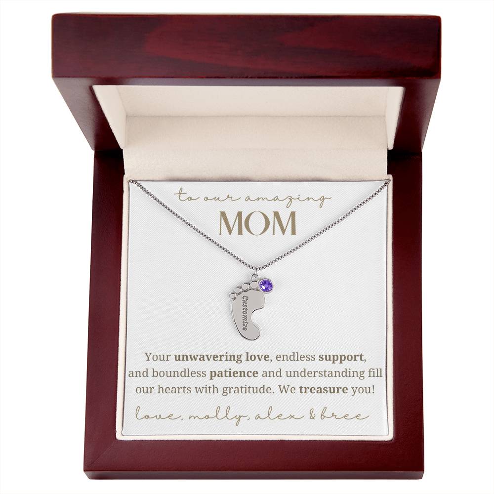 To Our Mom Baby Foot Birthstone Necklace
