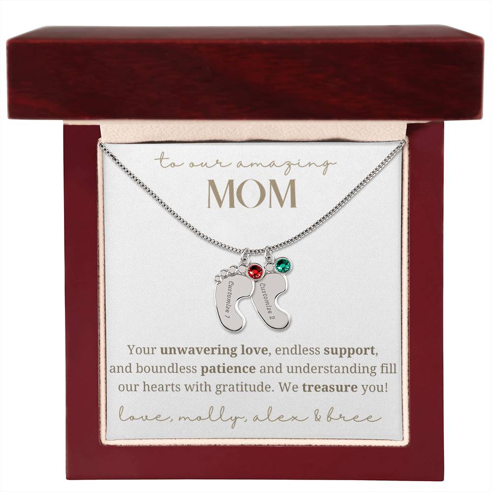 To Our Mom Baby Foot Birthstone Necklace