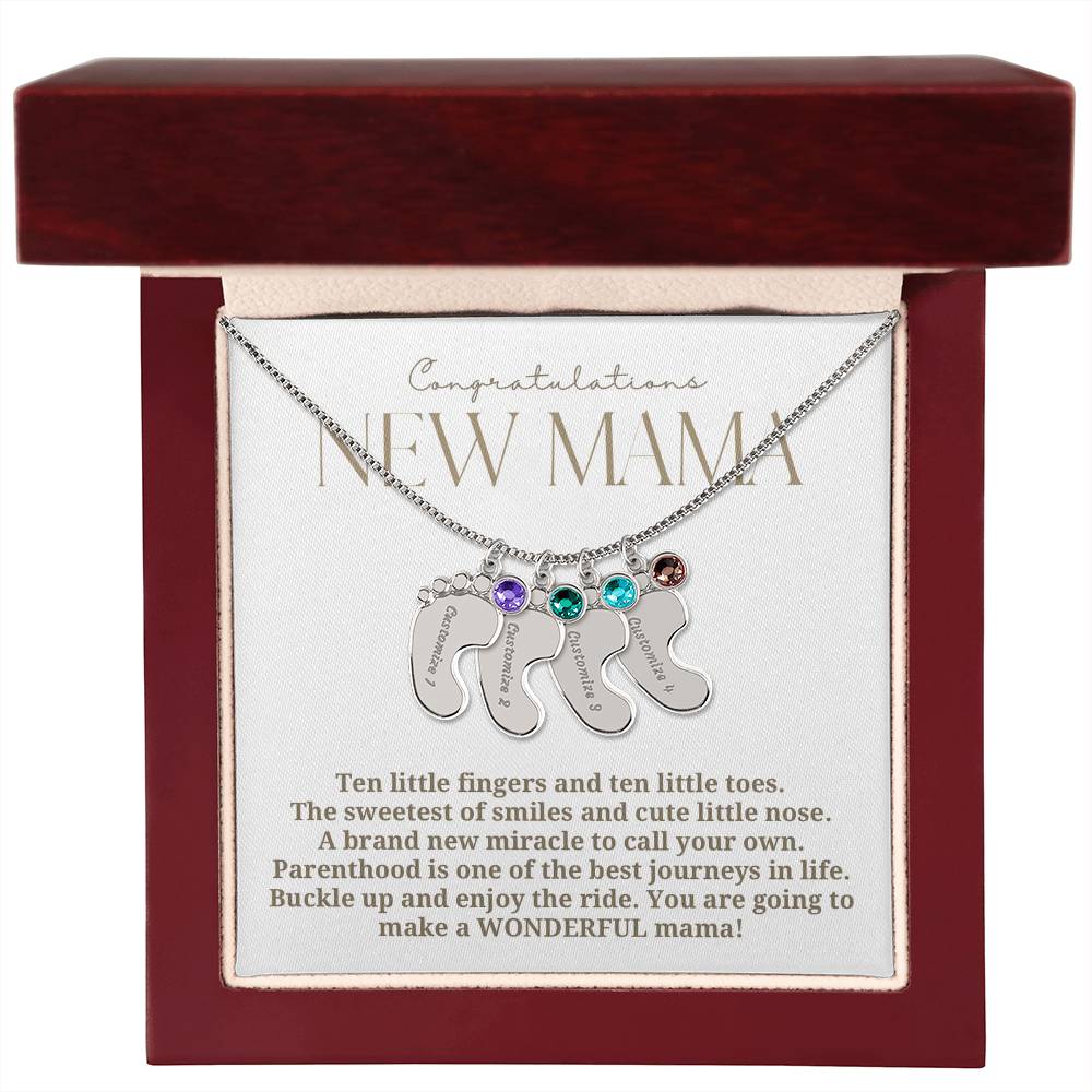 Elegant modern minimalist New Mom Baby feet necklace with birthstone