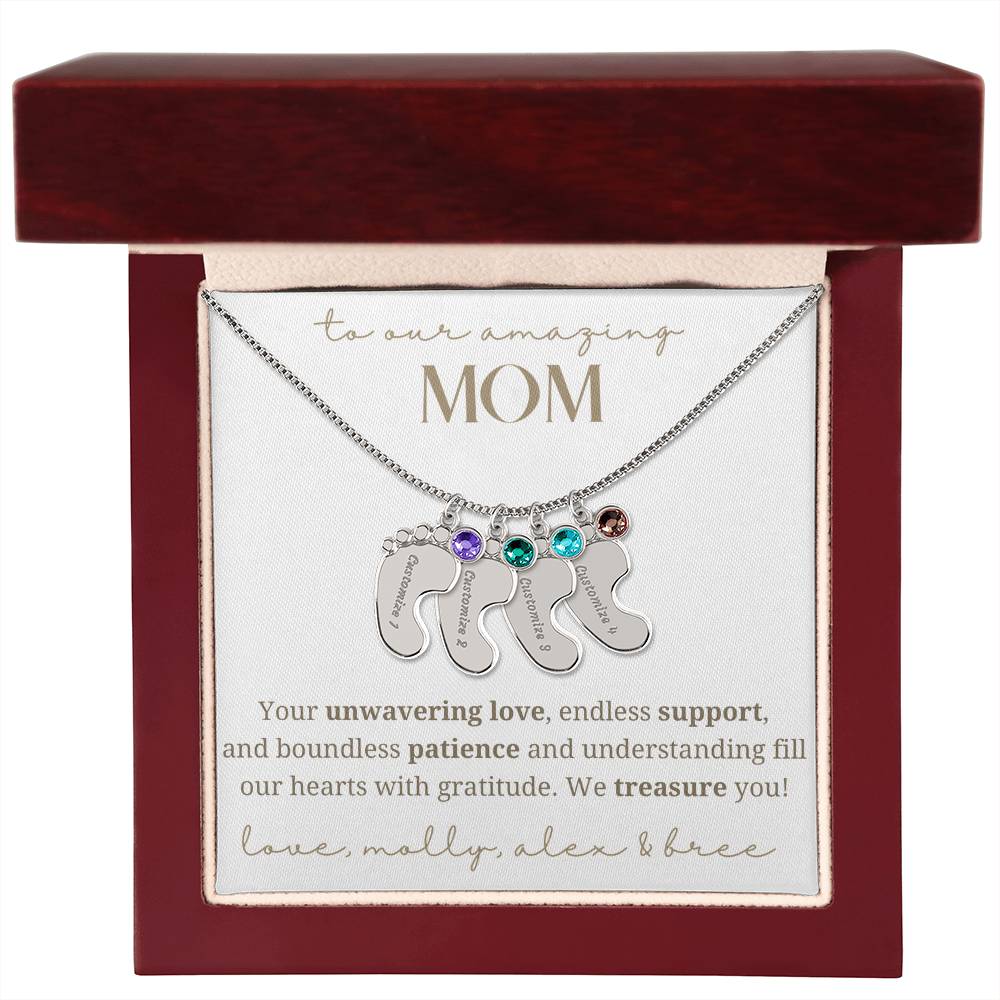 To Our Mom Baby Foot Birthstone Necklace