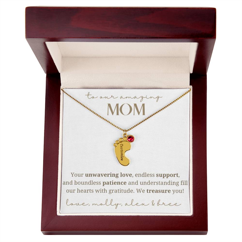 To Our Mom Baby Foot Birthstone Necklace