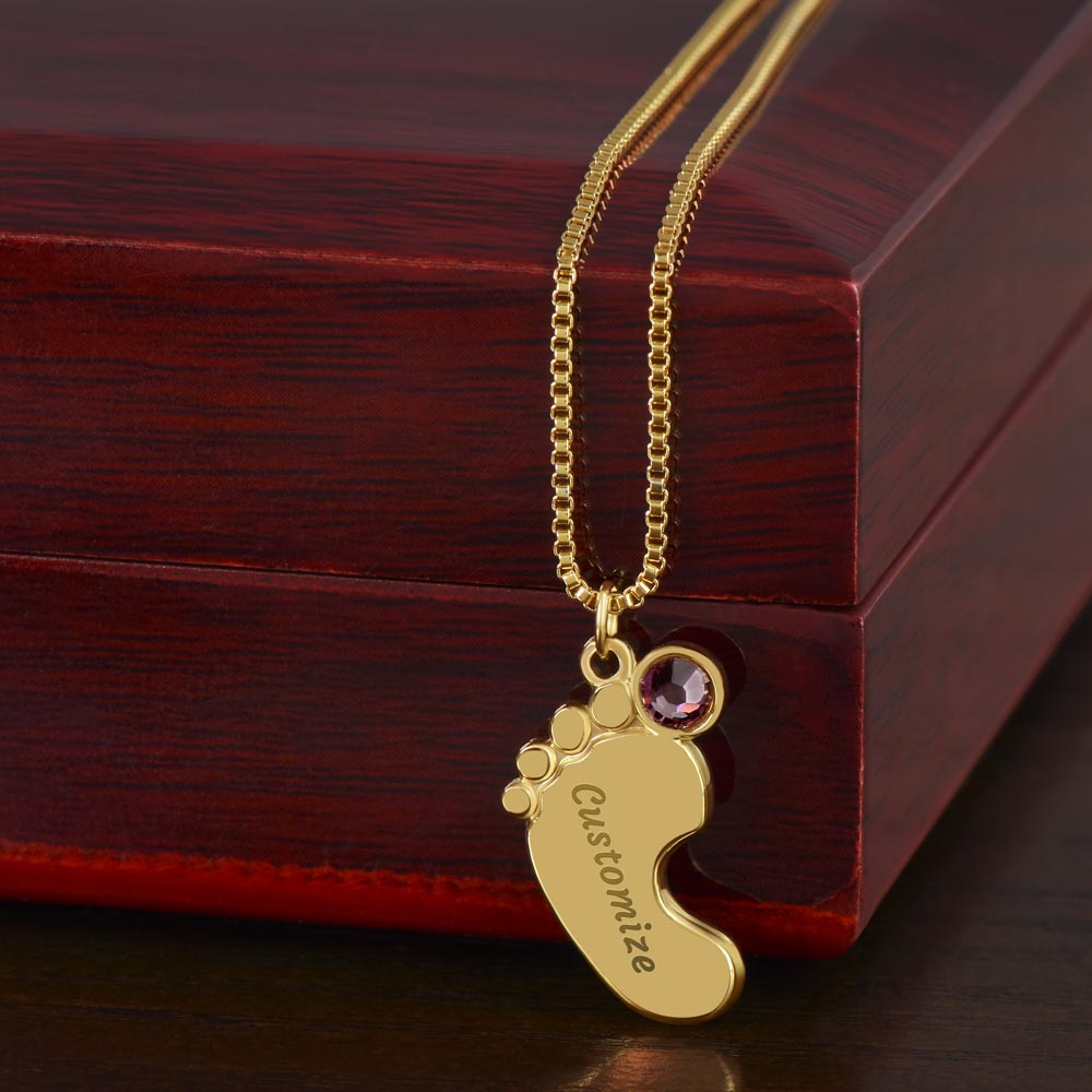 Mama to be new baby gift with engraved birthstone foot pendamt