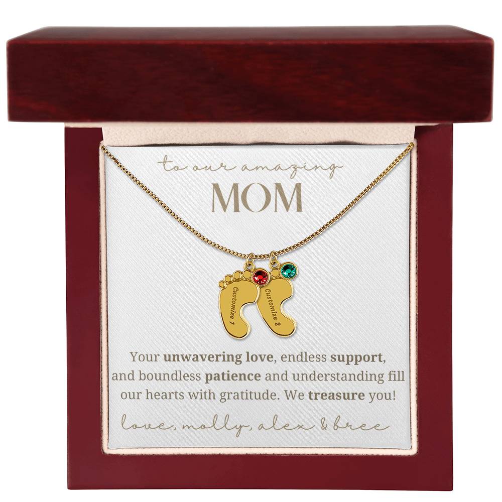 To Our Mom Baby Foot Birthstone Necklace