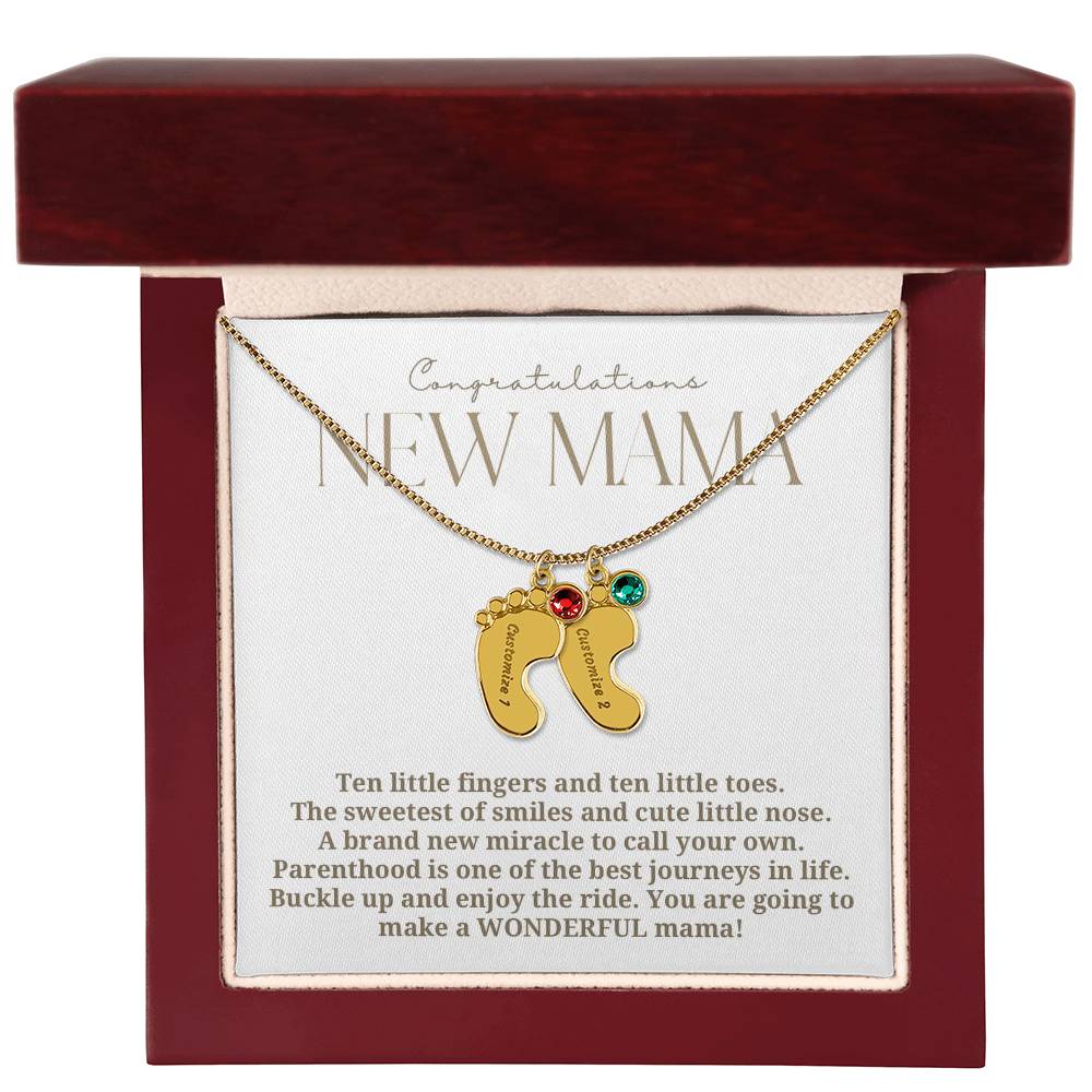 Elegant modern minimalist New Mom Baby feet necklace with birthstone
