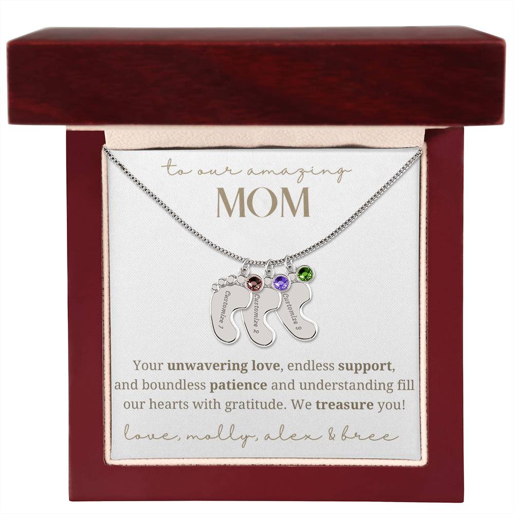 To Our Mom Baby Foot Birthstone Necklace