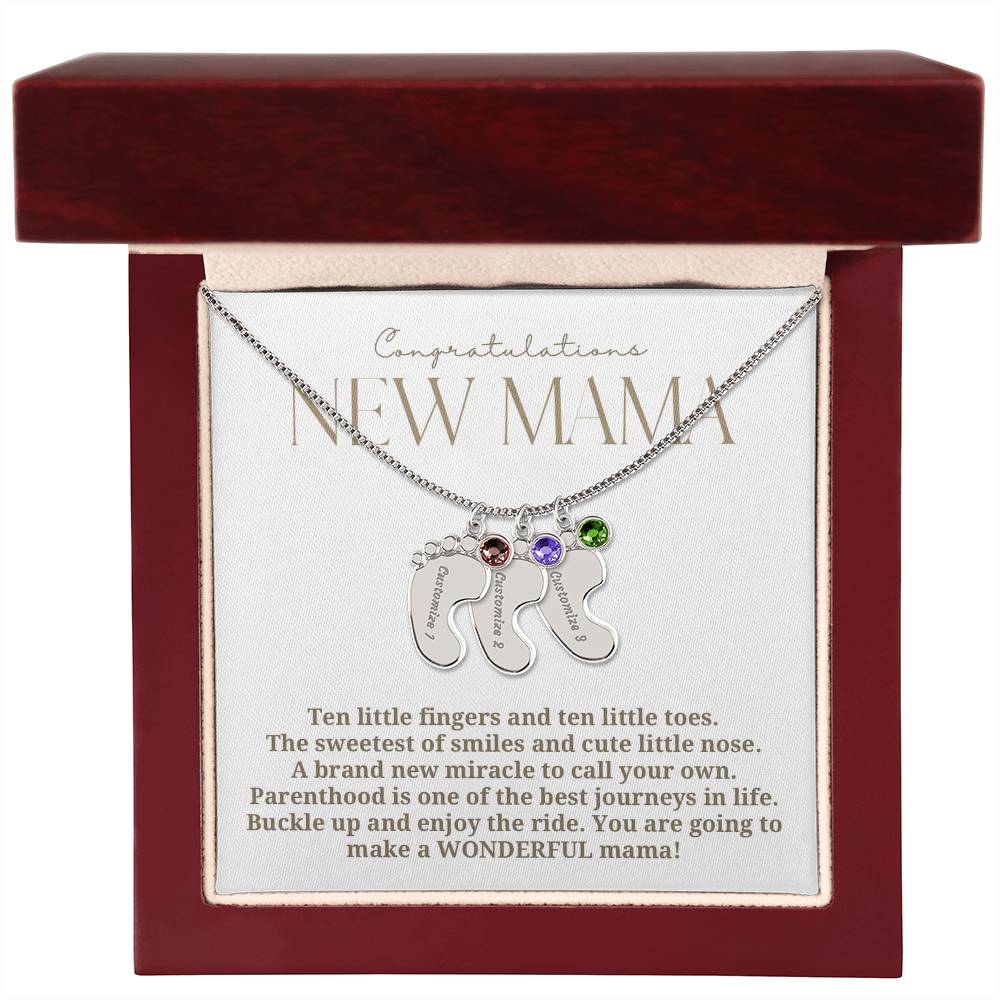 Elegant modern minimalist New Mom Baby feet necklace with birthstone