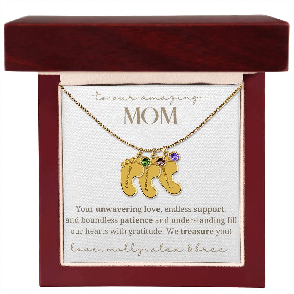 To Our Mom Baby Foot Birthstone Necklace
