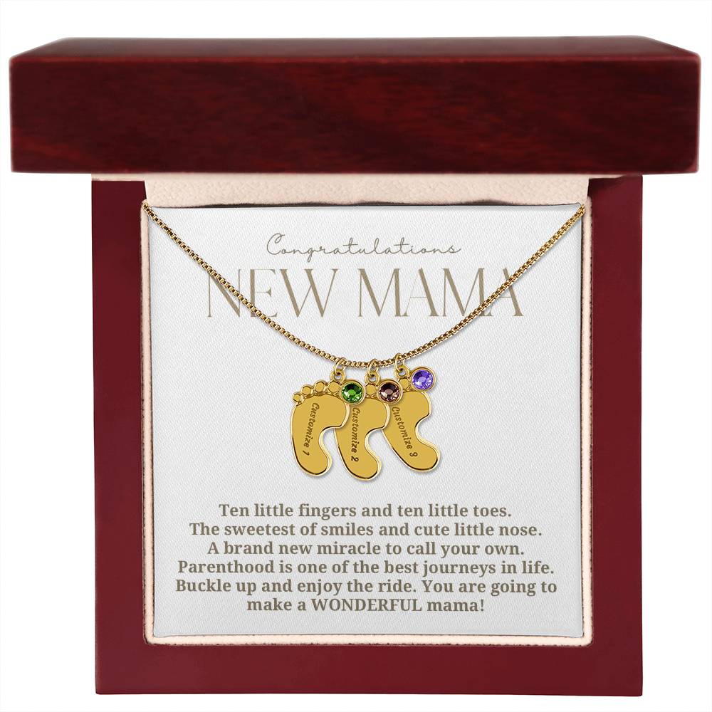 Elegant modern minimalist New Mom Baby feet necklace with birthstone