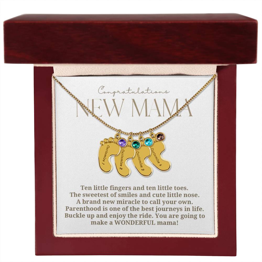 Elegant modern minimalist New Mom Baby feet necklace with birthstone