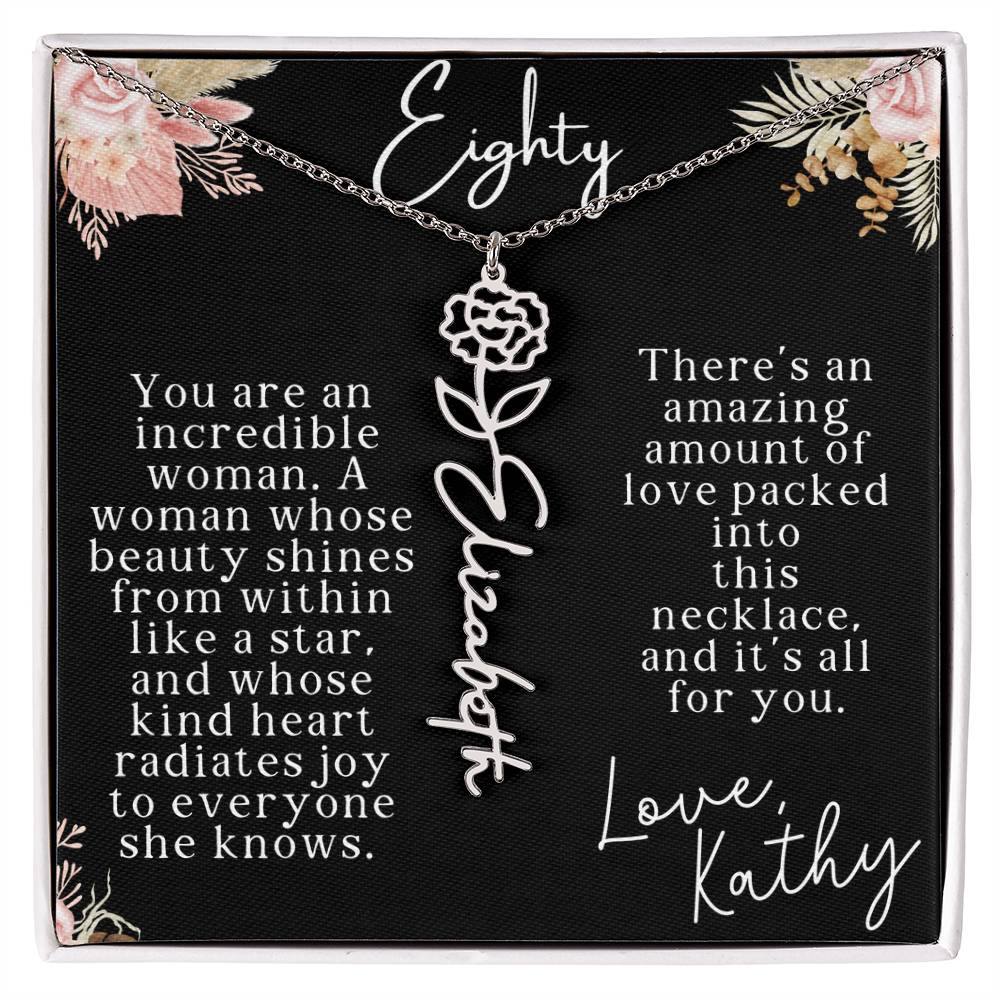 80th tropical card with name necklace