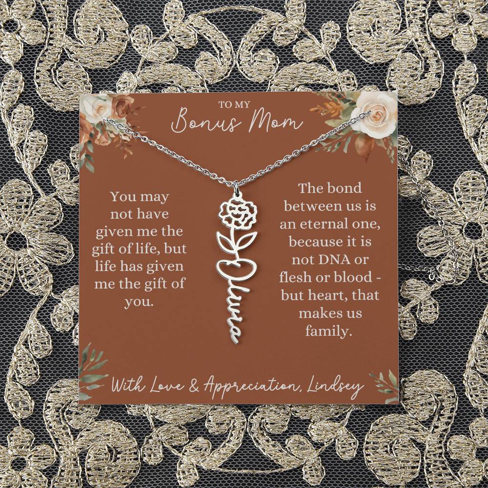 Rust and Ivory Bonus Mom Name Necklace with Birth Flower