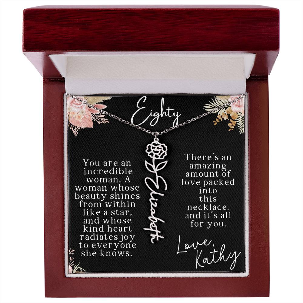 80th tropical card with name necklace