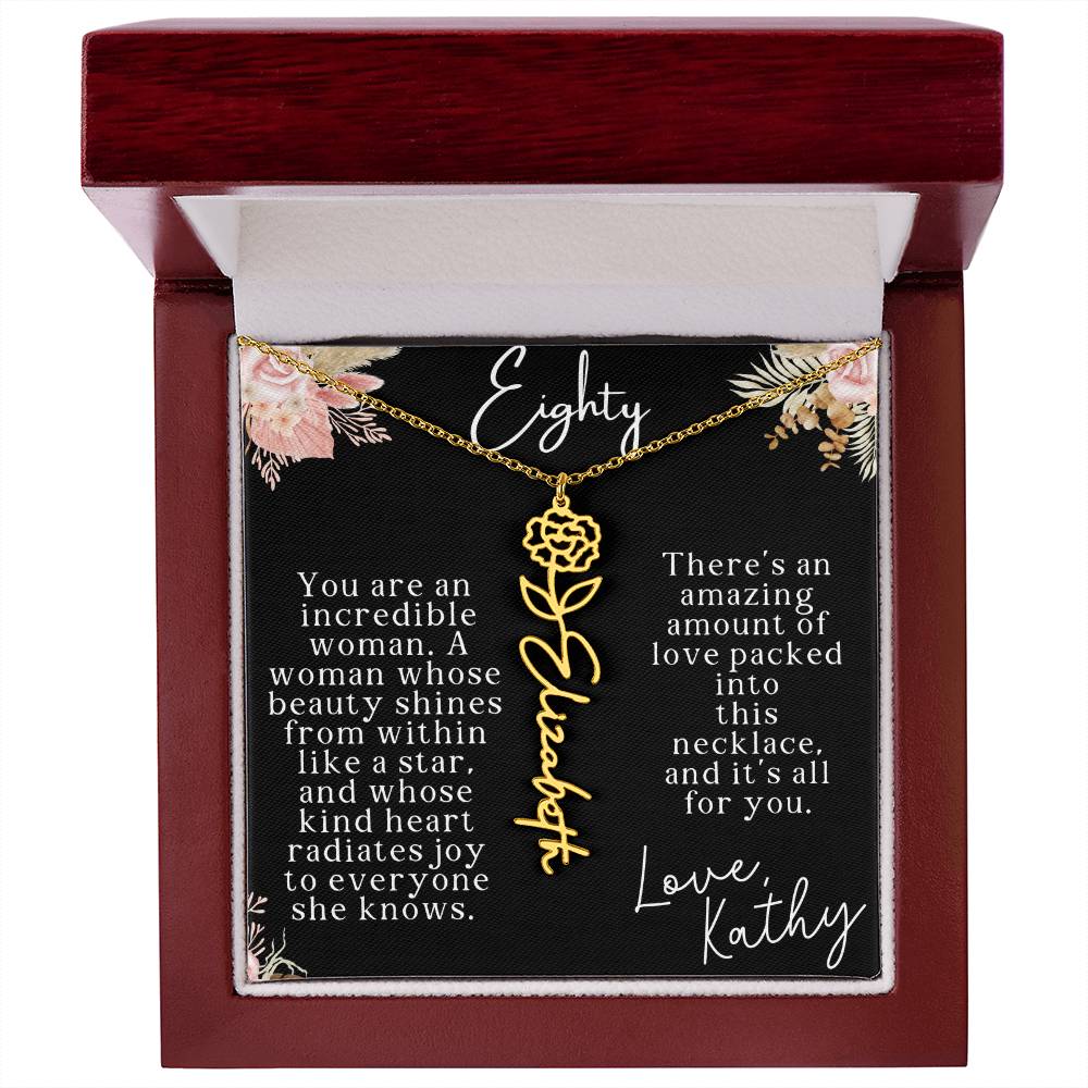 80th tropical card with name necklace