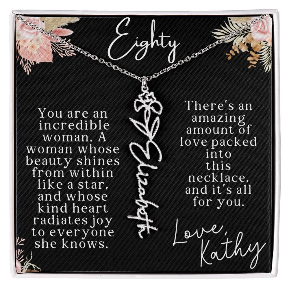 80th tropical card with name necklace