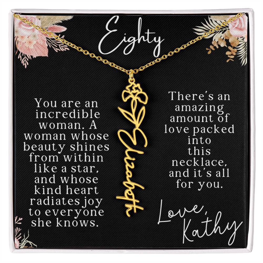 80th tropical card with name necklace