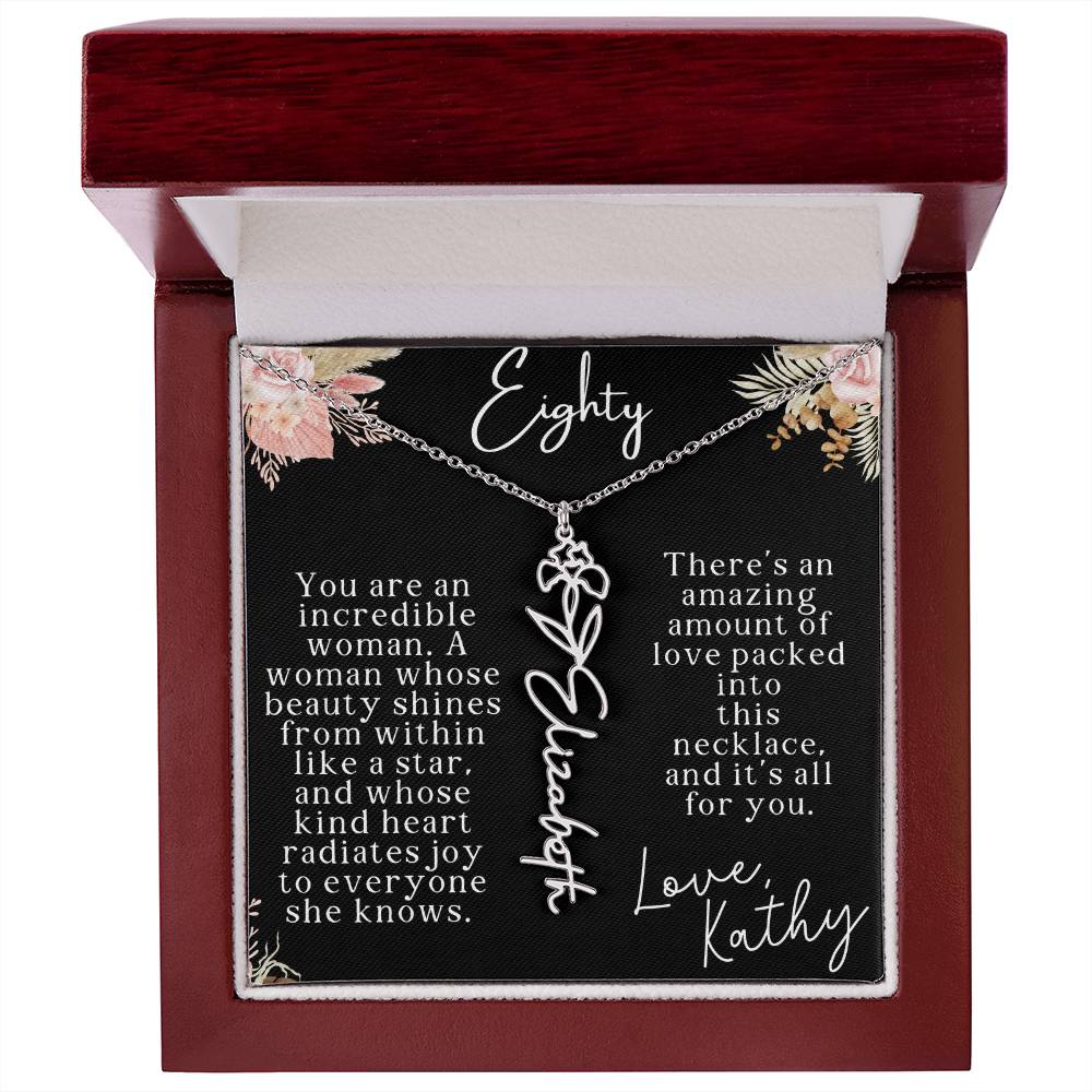 80th tropical card with name necklace