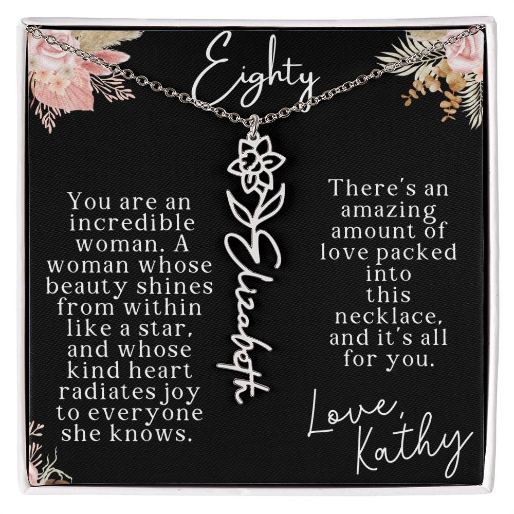 80th tropical card with name necklace