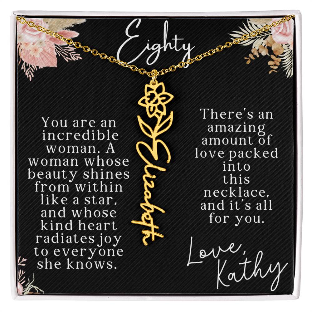 80th tropical card with name necklace