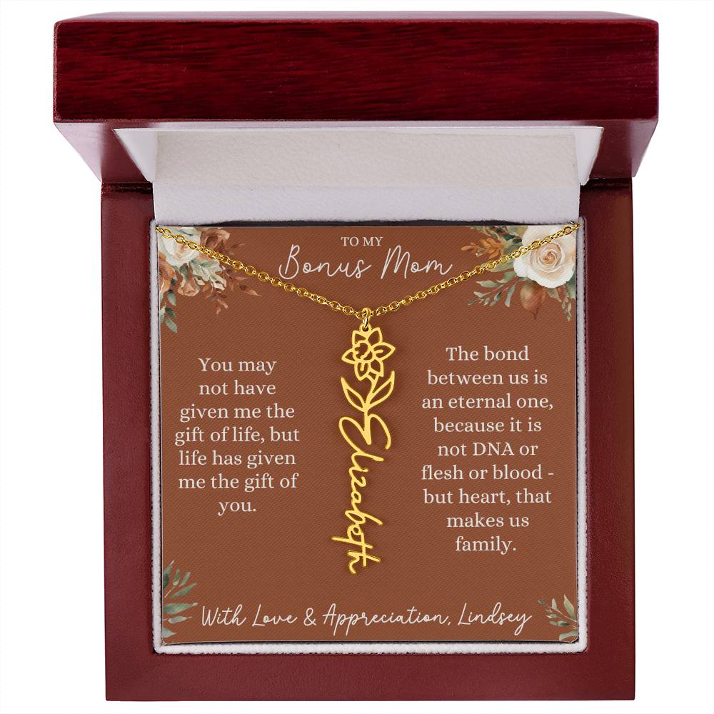 Rust and Ivory Bonus Mom Name Necklace with Birth Flower