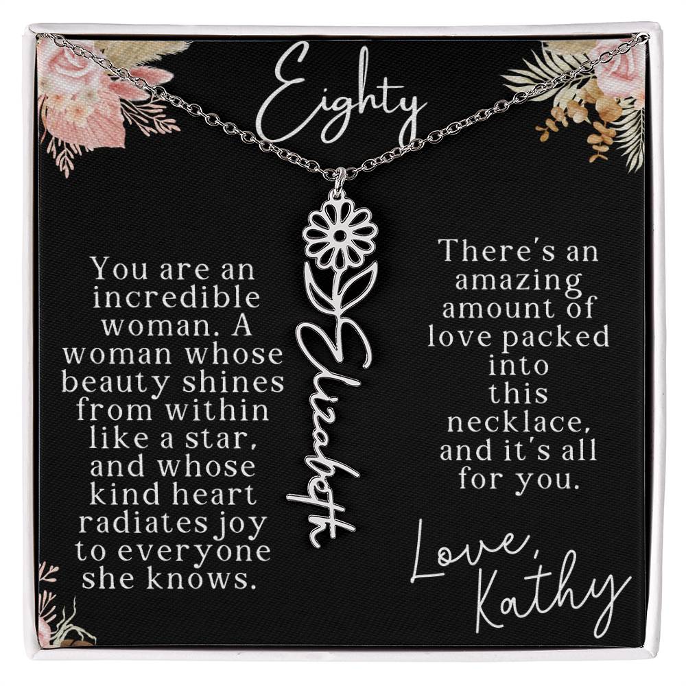 80th tropical card with name necklace