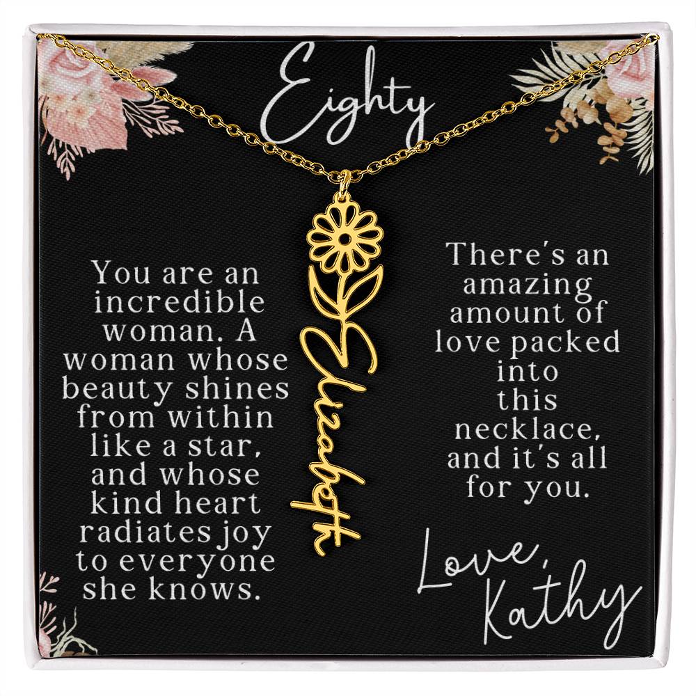 80th tropical card with name necklace