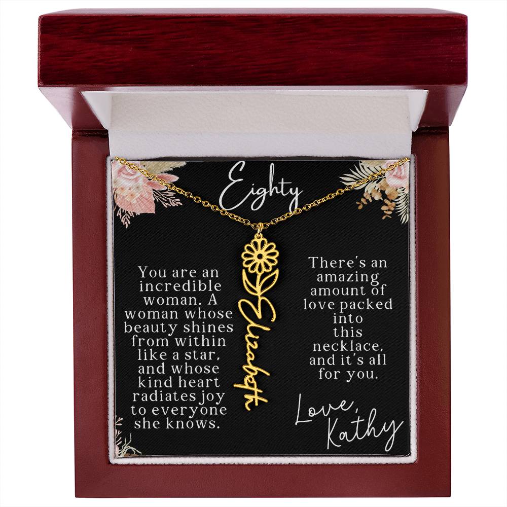 80th tropical card with name necklace