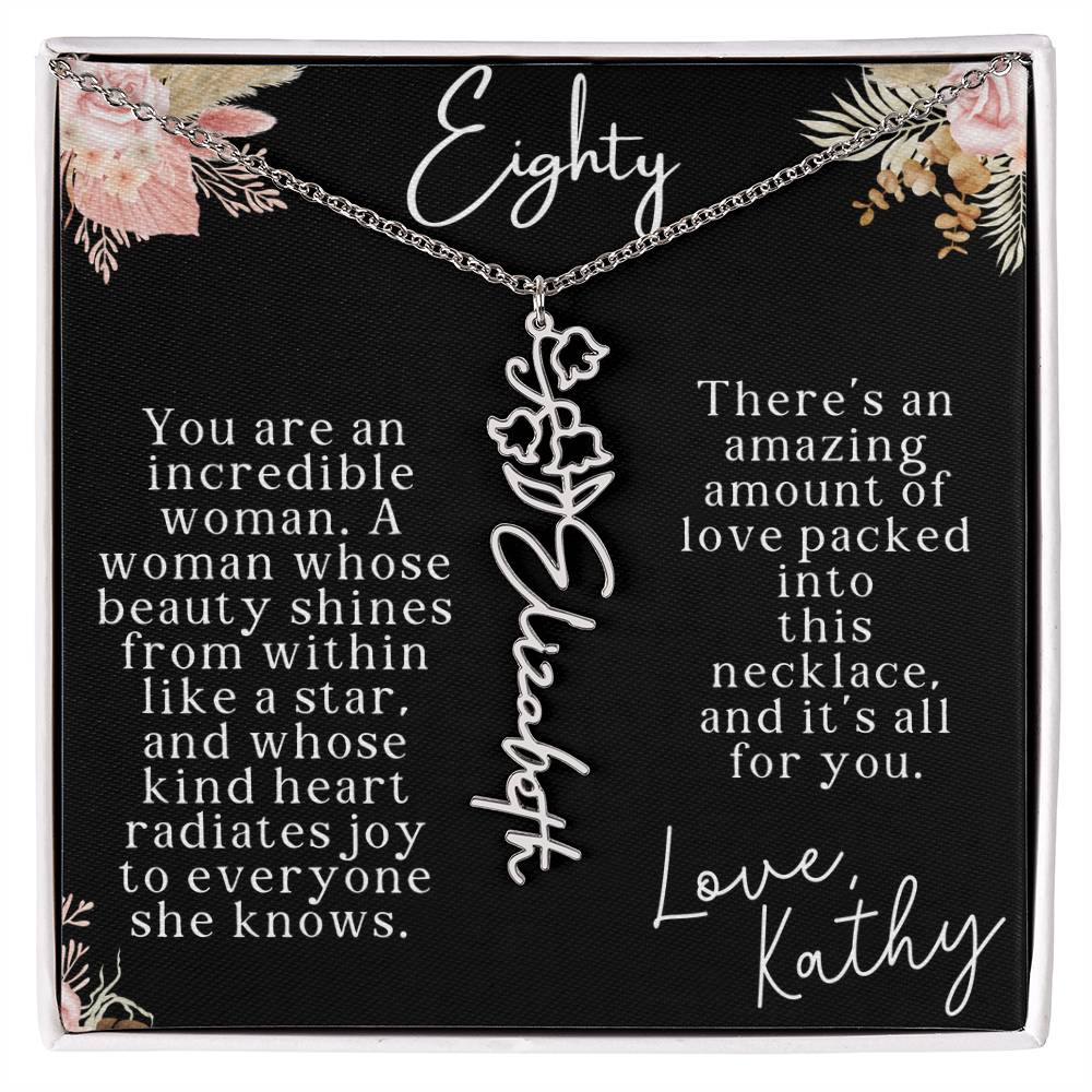 80th tropical card with name necklace