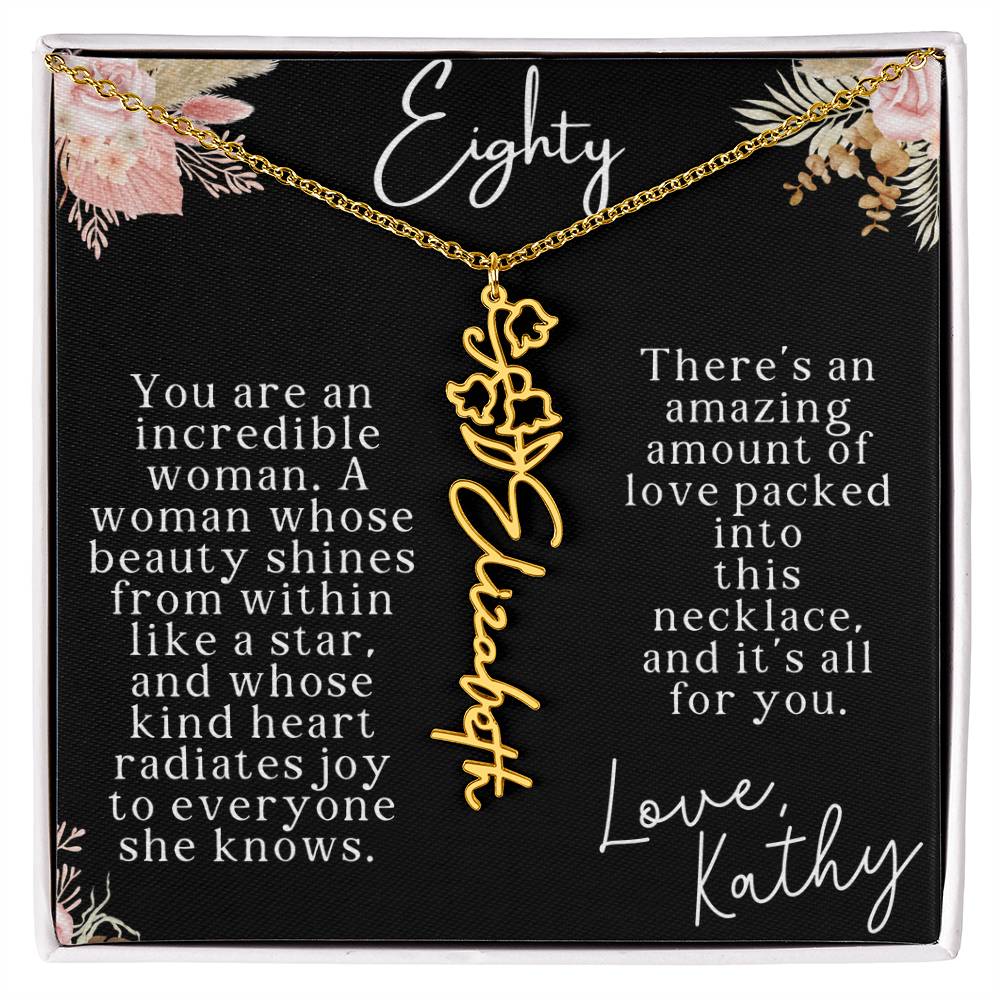 80th tropical card with name necklace