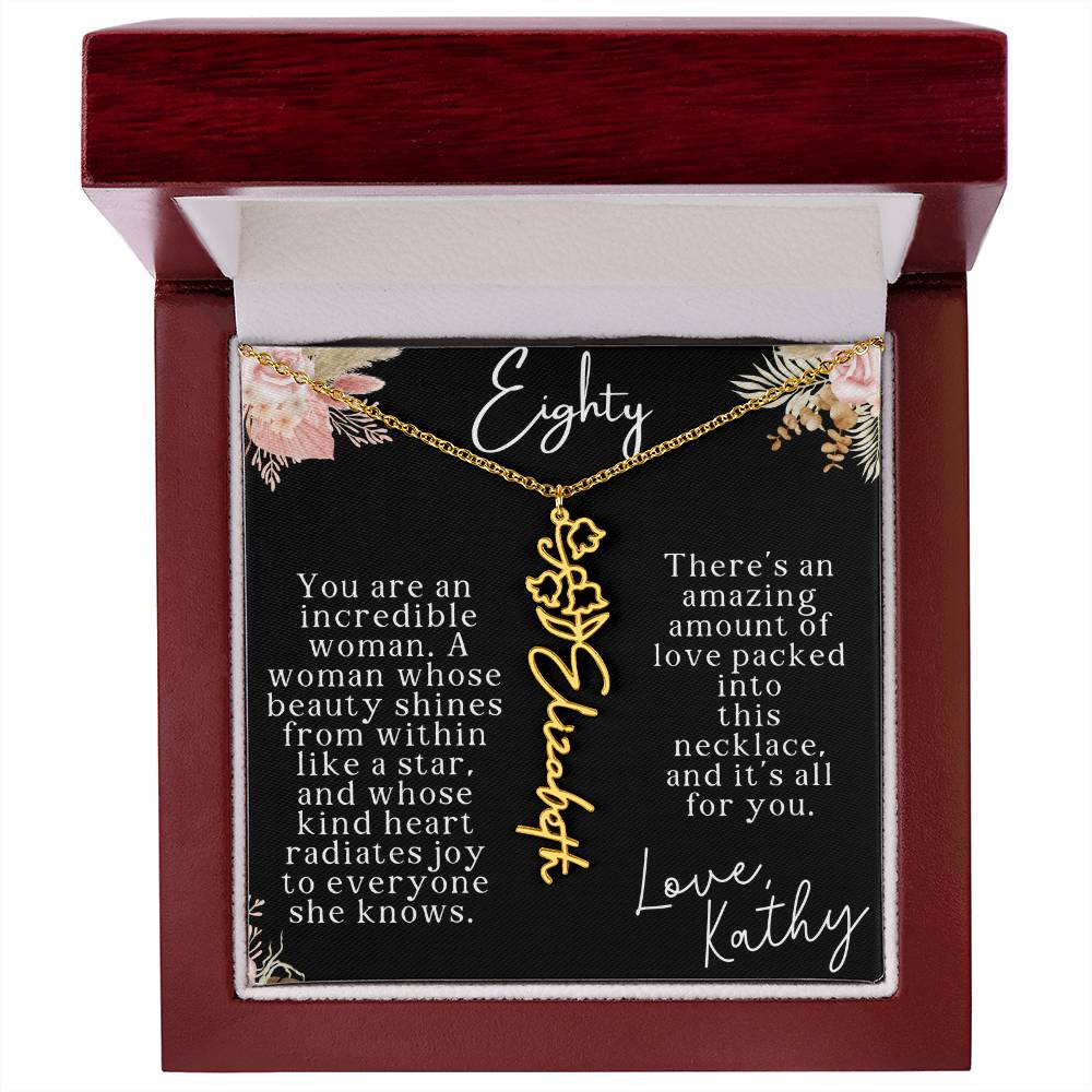 80th tropical card with name necklace