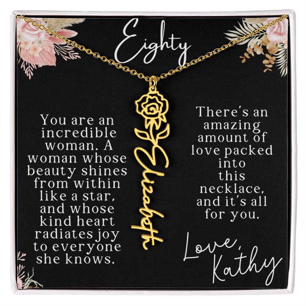 80th tropical card with name necklace