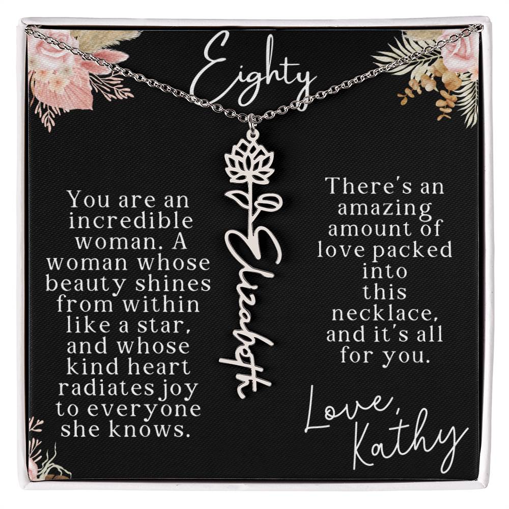 80th tropical card with name necklace