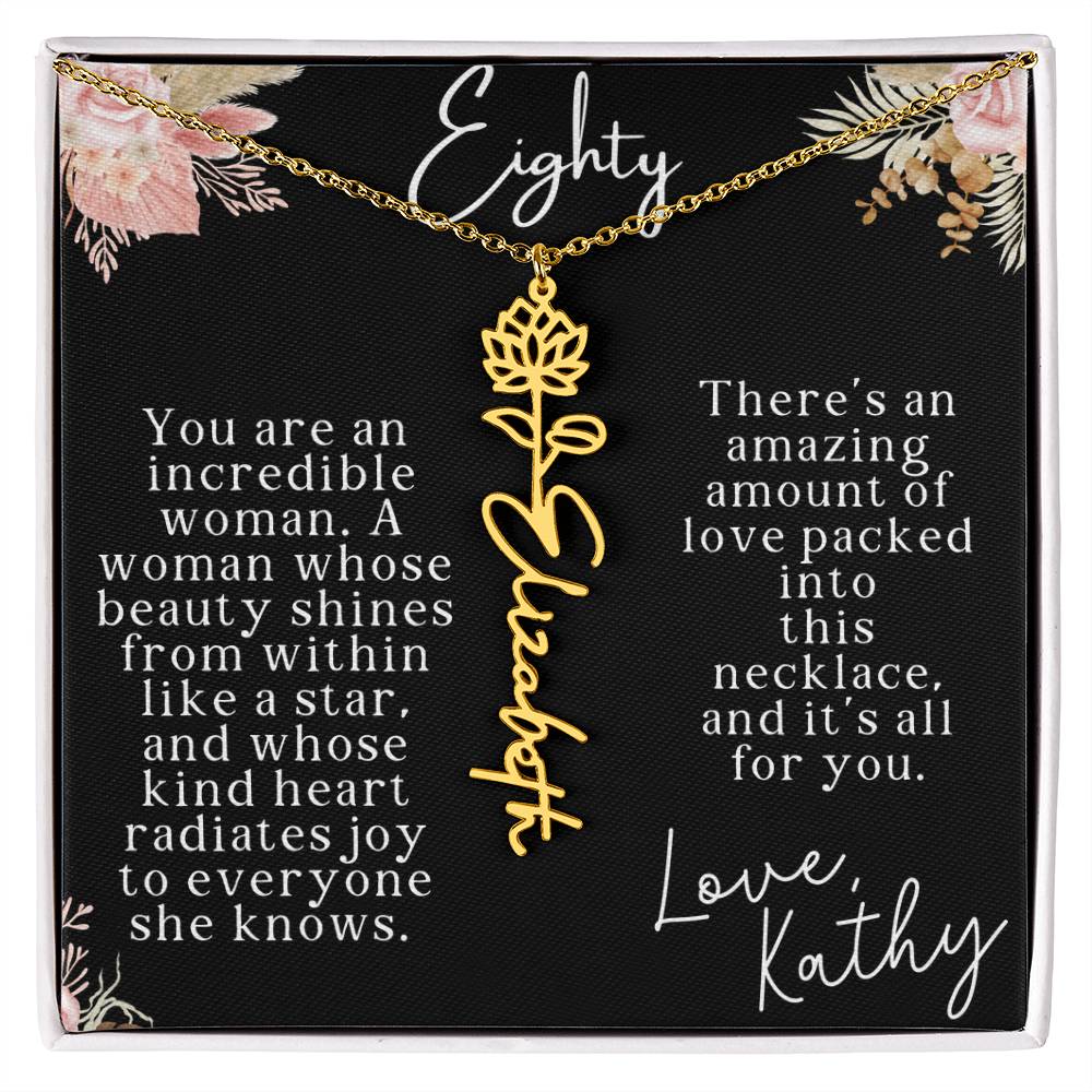 80th tropical card with name necklace
