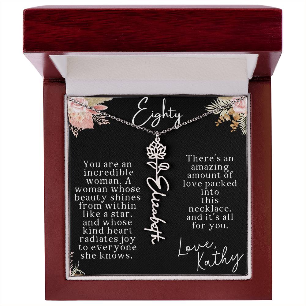 80th tropical card with name necklace