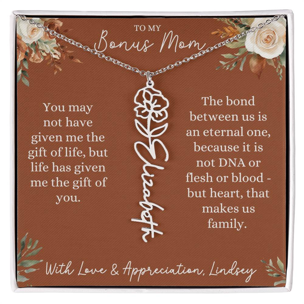 Rust and Ivory Bonus Mom Name Necklace with Birth Flower